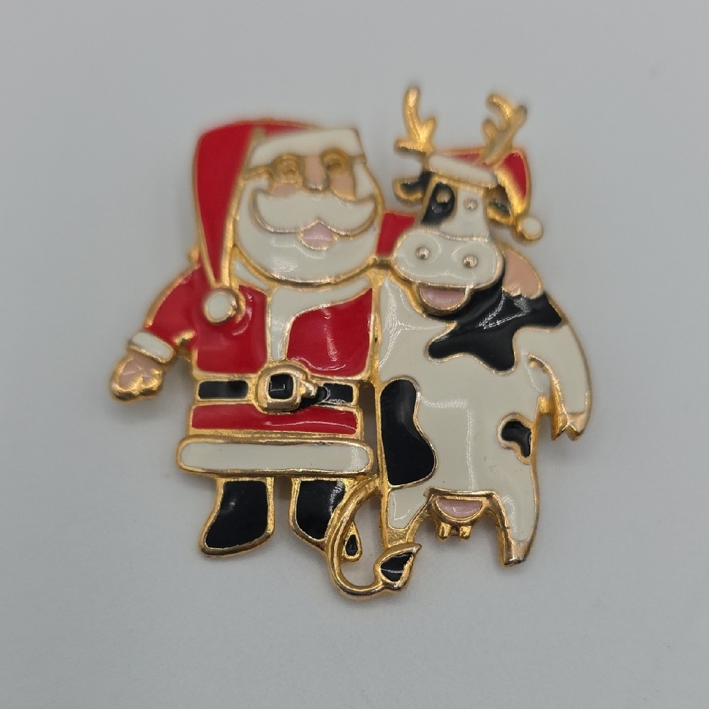 Vintage 1980s Berebi Brooch Lapel Pin Santa Claus Cow Enamel Gold Tone Metal